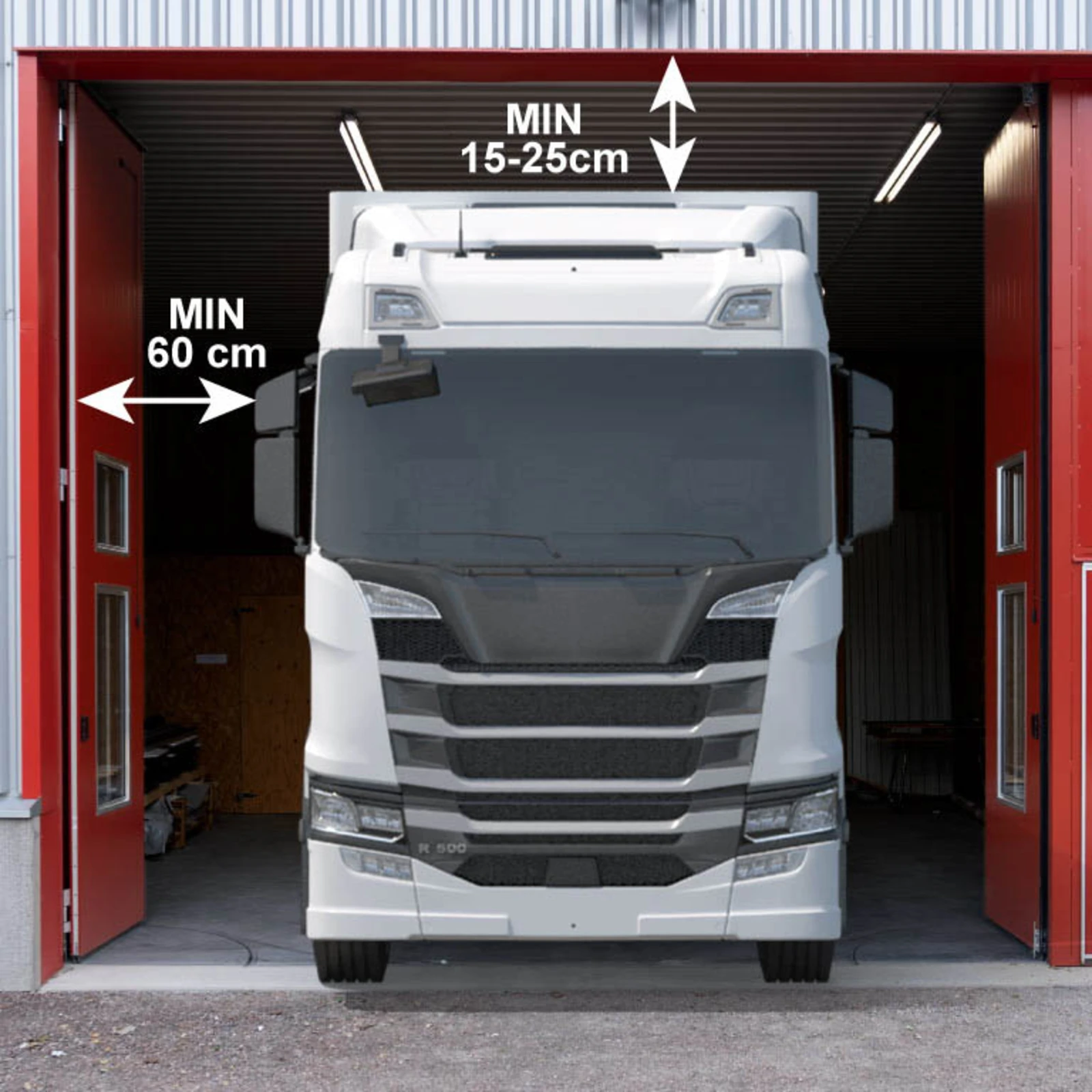 Bilden visar hur mycket utrymme det behöver finnas runt ett fordon när du väljer storlek på en industriport