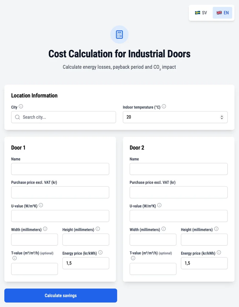 With our cost calculator you can calculate the total cost of different doors, including purchase cost and energy loss due to insulation.